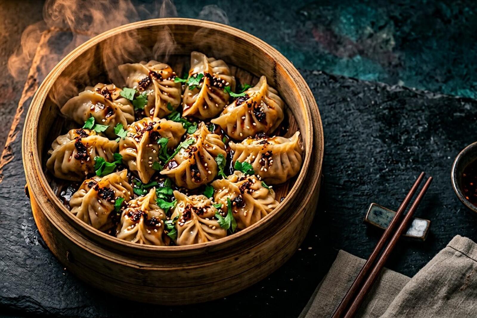 Handcrafted momos steaming in a bamboo basket at MOMO MONKS, Kerala