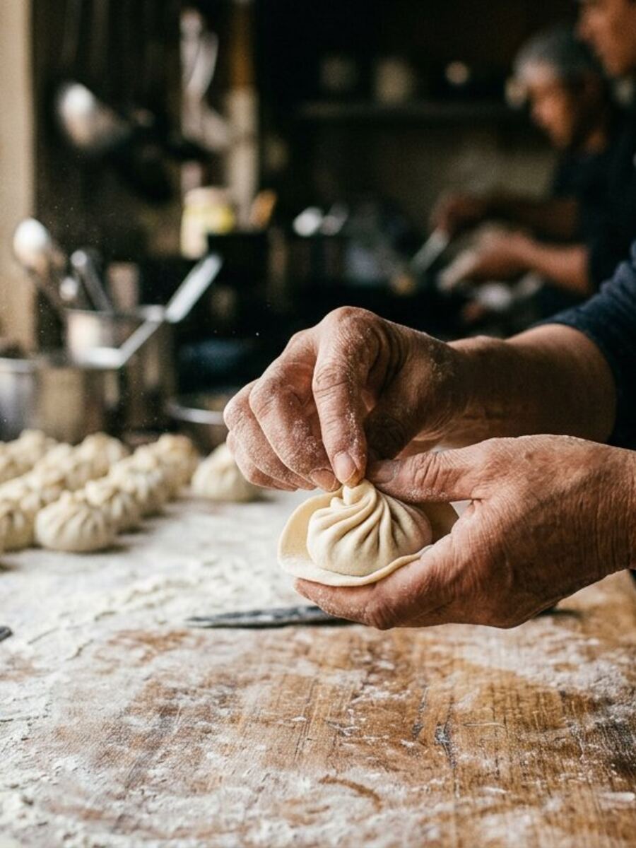 A chef folding momo dumplings by hand in the MOMO MONKS kitchen, Kerala