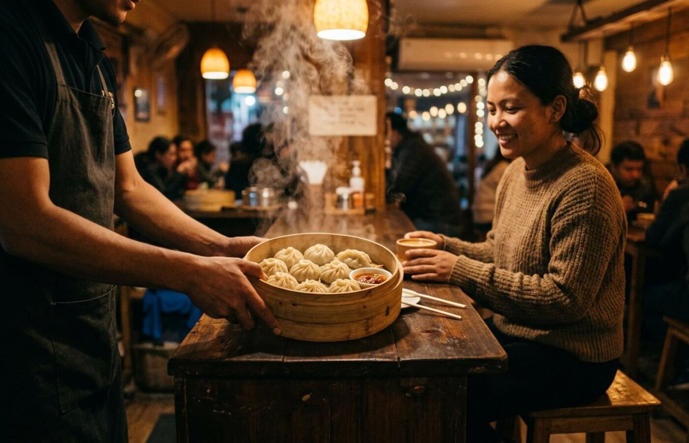 A basket of momos being served at the MOMO MONKS counter
