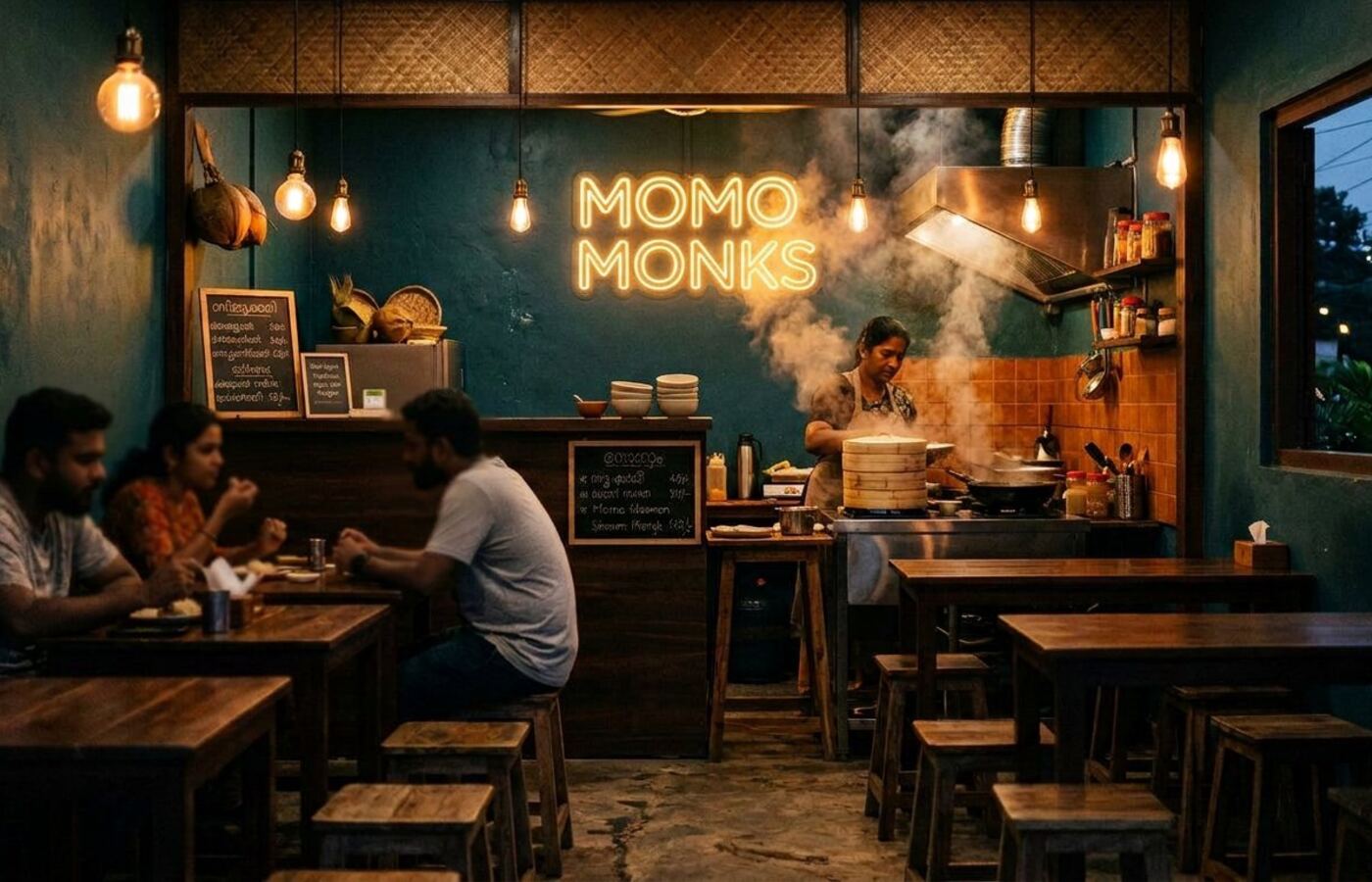 The twelve-seat MOMO MONKS shop interior in Kochi, Kerala