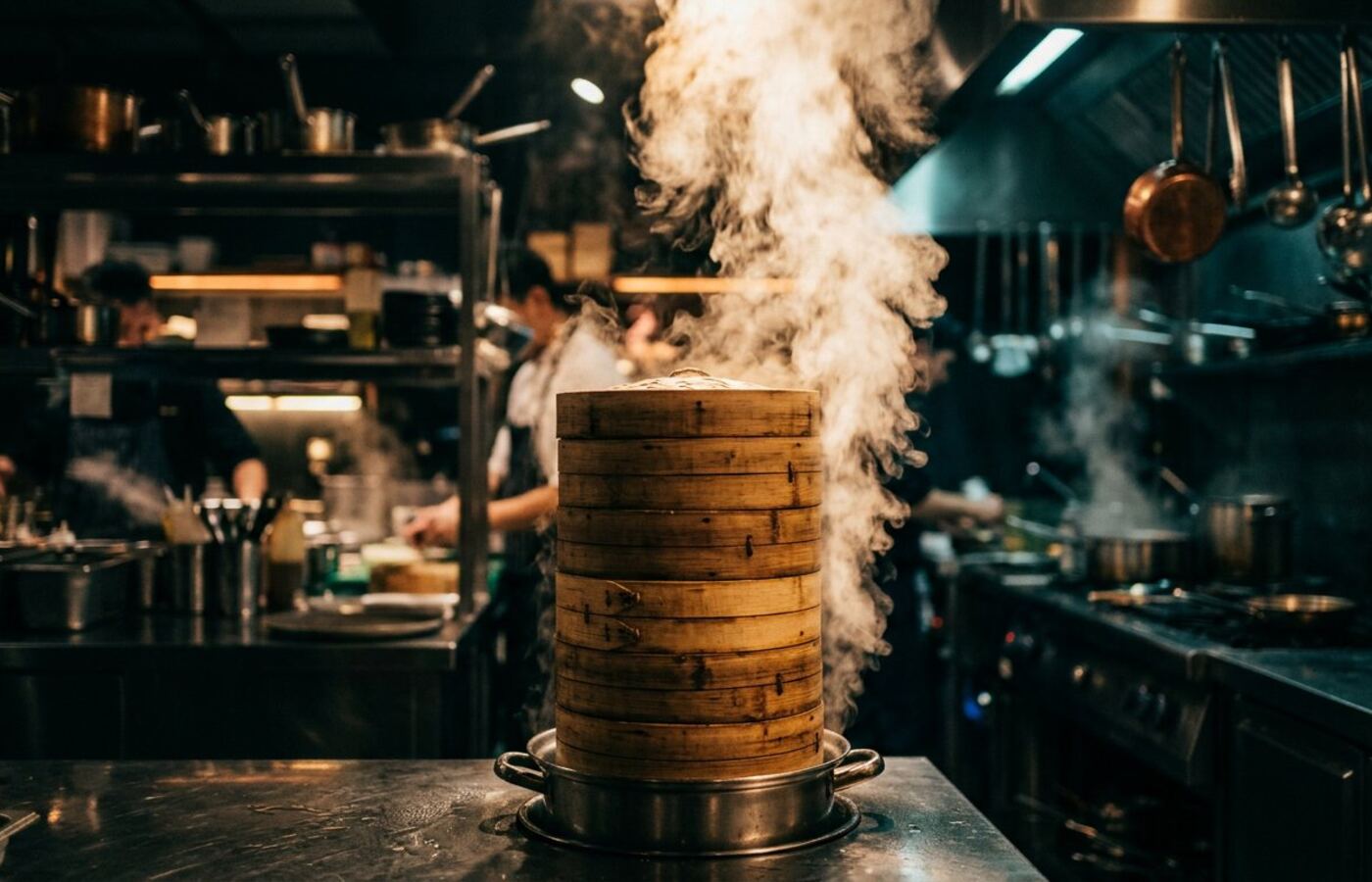 Bamboo steamer baskets billowing steam in the MOMO MONKS kitchen